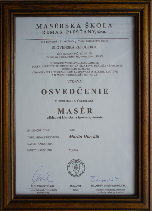 Certifikát - Základná klasická a športová masáž