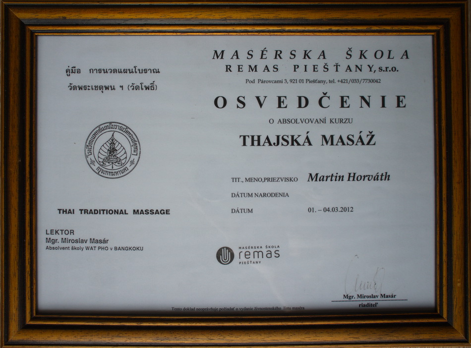 Certifikát - Thajská masáž
