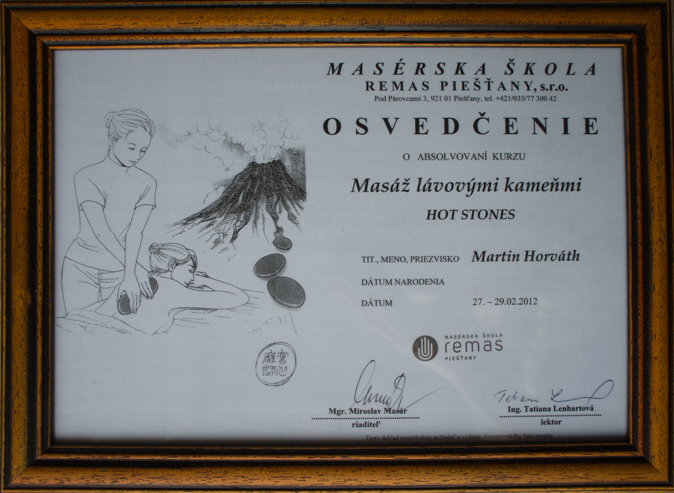 Certifikát - Masáž lávovými kameňmi